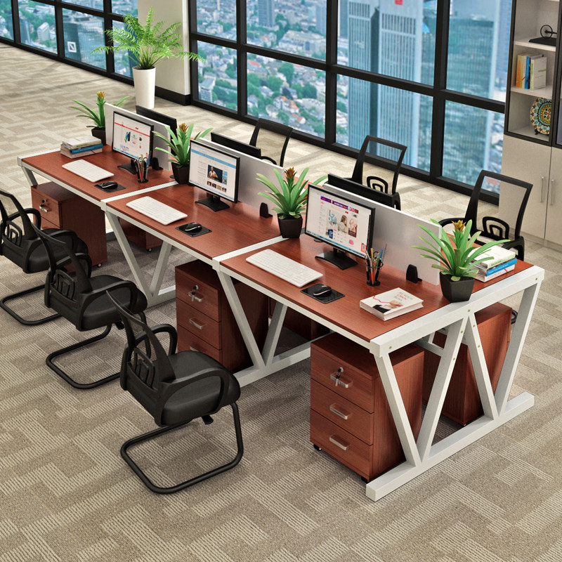 职员办公桌桌椅组合简约现代2/4/6人位工作位办公家具屏风卡座 6人位柚木白架