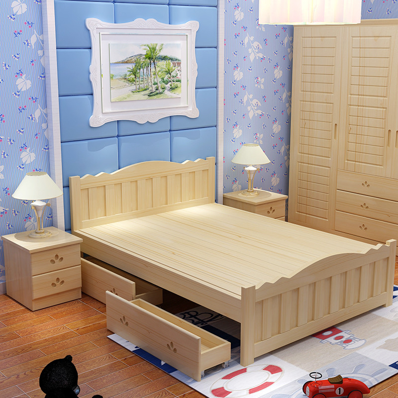 硕木居 实木床1.5米单人床1.2全松木双人床1.8米大床成人床简易床木板床 1500mm*2000mm无漆款-加强型有双抽屉单体