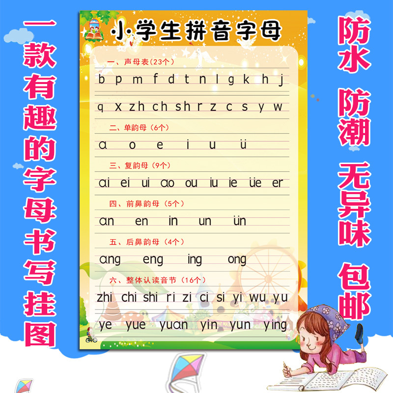 小学生汉语拼音字母表儿童早教墙贴一年级教材挂图声母韵母识图