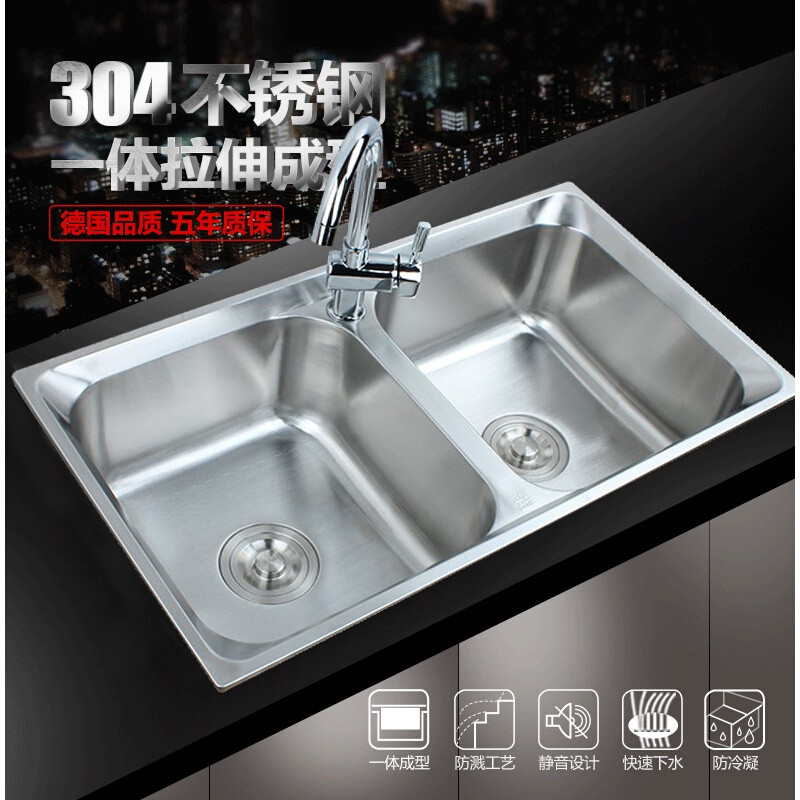 厨房SUS304不锈钢拉丝大水槽双槽小水槽洗菜盆碗槽水池加厚深_2 304钢78X43十二件套
