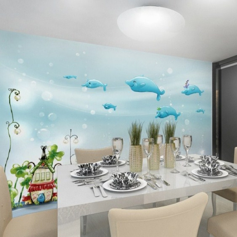 无缝3d卡通海底手绘纯色蓝色海豚儿童房壁纸卧室背景墙无纺布墙纸 5D凹凸真丝布（整张/平方）