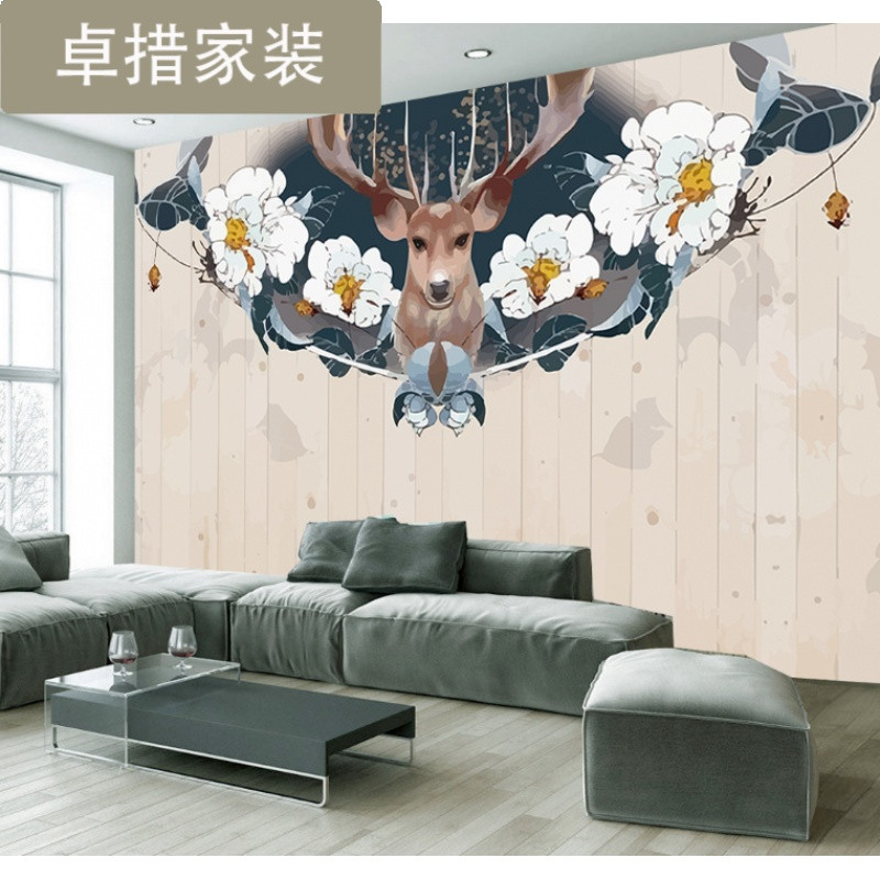 欧式麋鹿壁画3D现代简约客厅沙电视背景墙壁纸5D立体手绘墙布 K