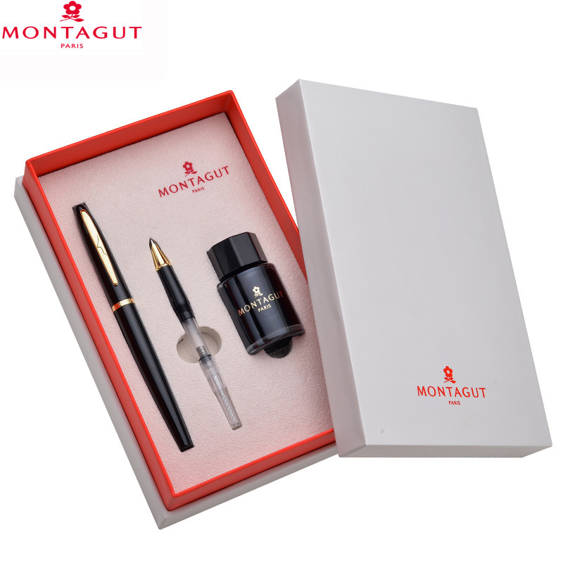 梦特娇(Montagut)M902S11S黑丽雅金夹钢笔+特细笔尖+墨囊+墨水套装 M902S11S