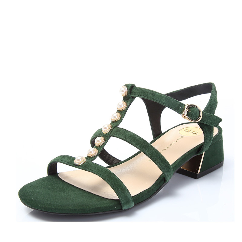 Tata/他她2018夏专柜同款绿色羊皮珍珠罗马鞋粗跟女凉鞋FZ301BL8 绿色 39码