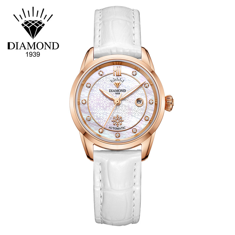 上海钻石牌(DIAMOND)手表 手表女 自动机械女 时尚优雅 镶钻贝母3180钢带皮带女表 玫壳白皮带