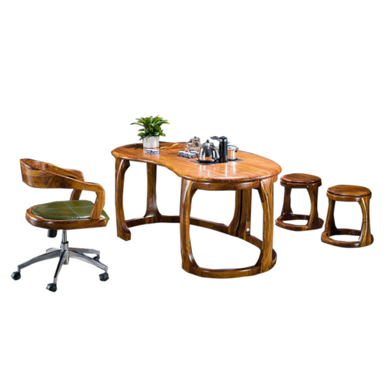 龙森家具 实木茶桌椅组合现代中式茶艺桌 乌金木家具实木功夫茶桌 茶桌+转椅+两圆凳