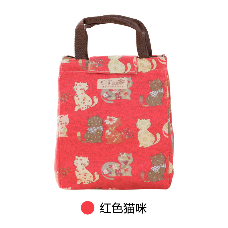 加厚保温袋正方形保温包便当包手提袋拎包带饭包午餐包饭盒袋_3 帆布-红色猫咪
