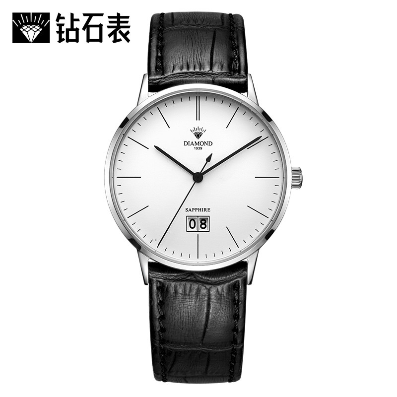 上海钻石牌手表男皮带石英表超薄款休闲大表盘防水时尚手表2101 白壳白面黑带男