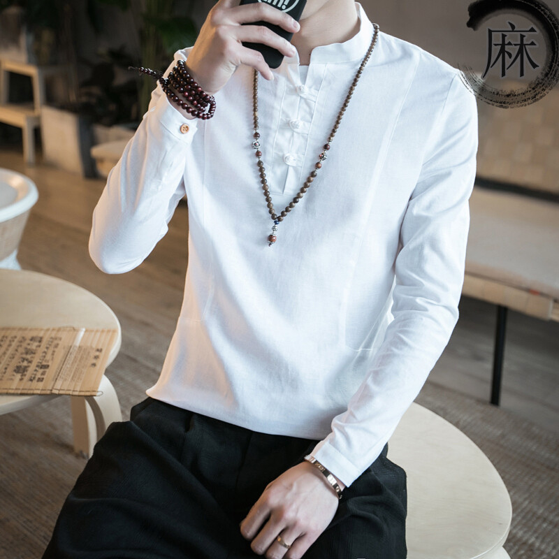 中国风棉麻T恤男装中式短袖麻料盘扣中袖上衣大码亚麻T恤夏季宽松白色长袖 4XL 白色长袖