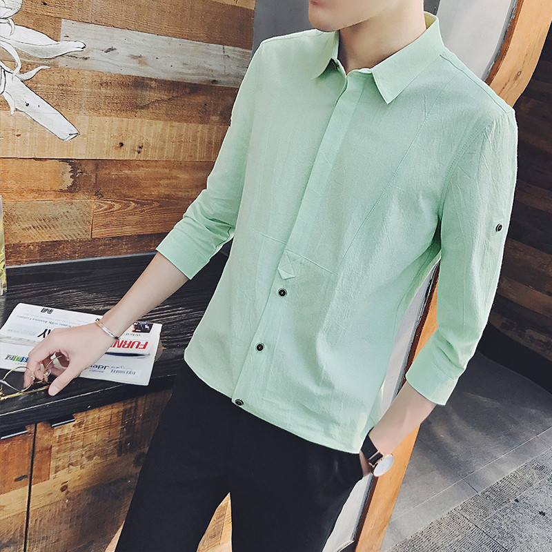 男士夏款新款韩版修身百搭七分袖衬衫男休闲中袖衬衫白色短袖衬衫_1 XL 浅绿色