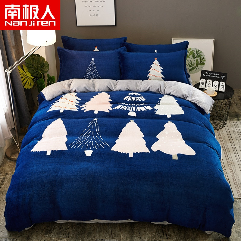 南极人(NanJiren)家纺 大版法兰绒四件套加厚保暖珊瑚绒冬季卡通1.8m米床上用品 圣诞树 1.8m床(被套200*230cm)