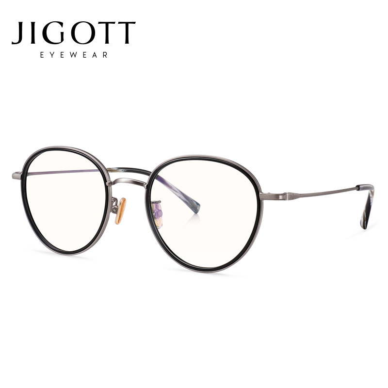 JIGOTT 2019新品防蓝光眼镜架女 复古幼圆框型可配近视眼镜框21612 黑框枪边