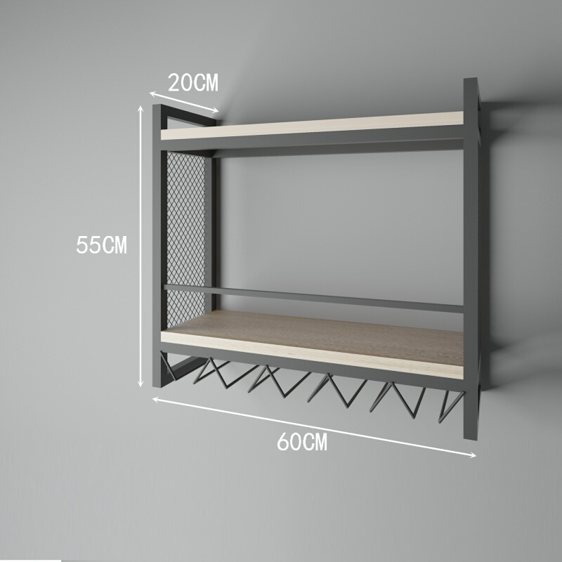 北欧酒架壁挂铁艺实木墙上置物葡萄酒展示架红酒架酒杯架高脚杯架_4 长60*宽20*高55CM原木色