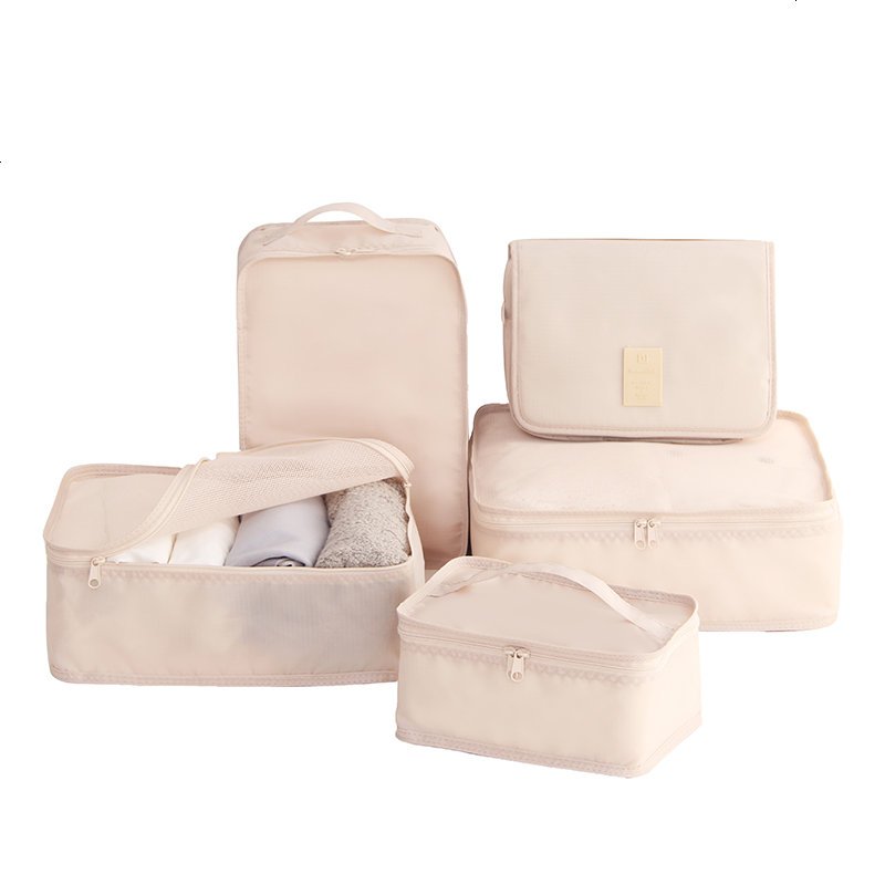 防水旅行收纳袋套装便携行李箱分装整理袋衣物收纳包旅游袋子_28 气质米-5件套20寸