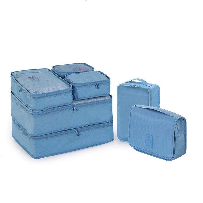 防水旅行收纳袋套装便携行李箱分装整理袋衣物收纳包旅游袋子_28 海蓝色-7件套24寸