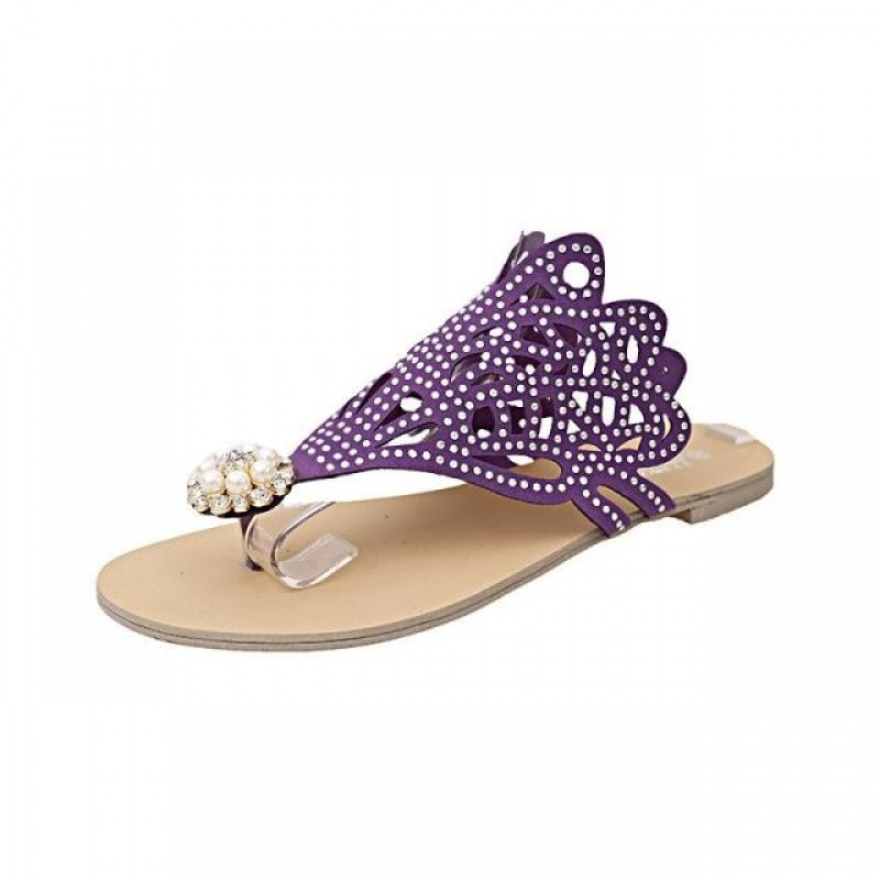 欧美罗马夹趾凉鞋女式夏季水钻平跟平底夹脚沙滩鞋凉拖鞋 紫色拖鞋007