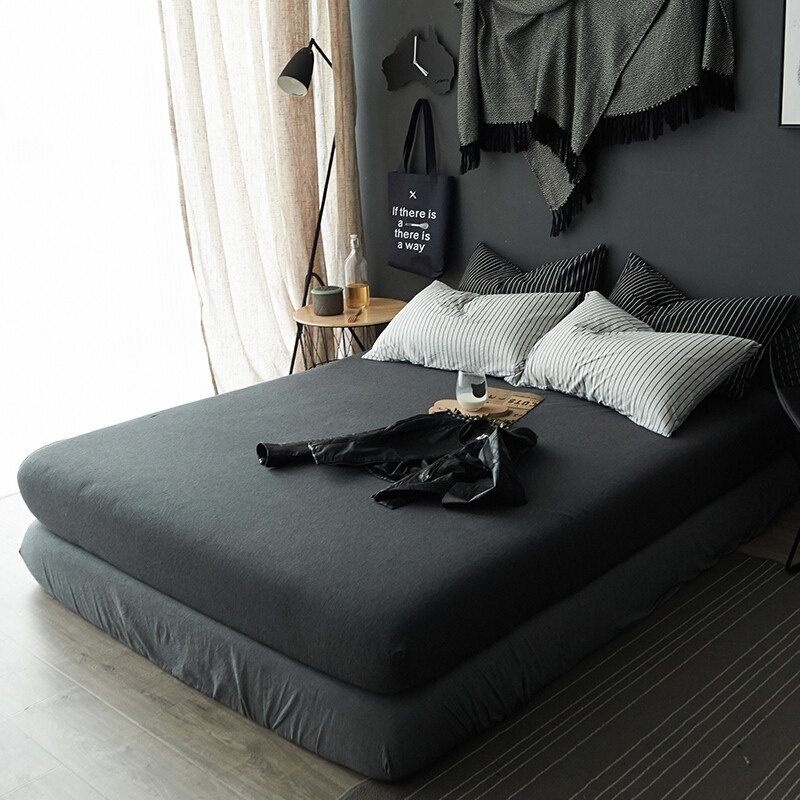 天竺棉床笠日式双人色针织棉棉素色单人床垫套床单单件 150cmx200cm床笠 黑色