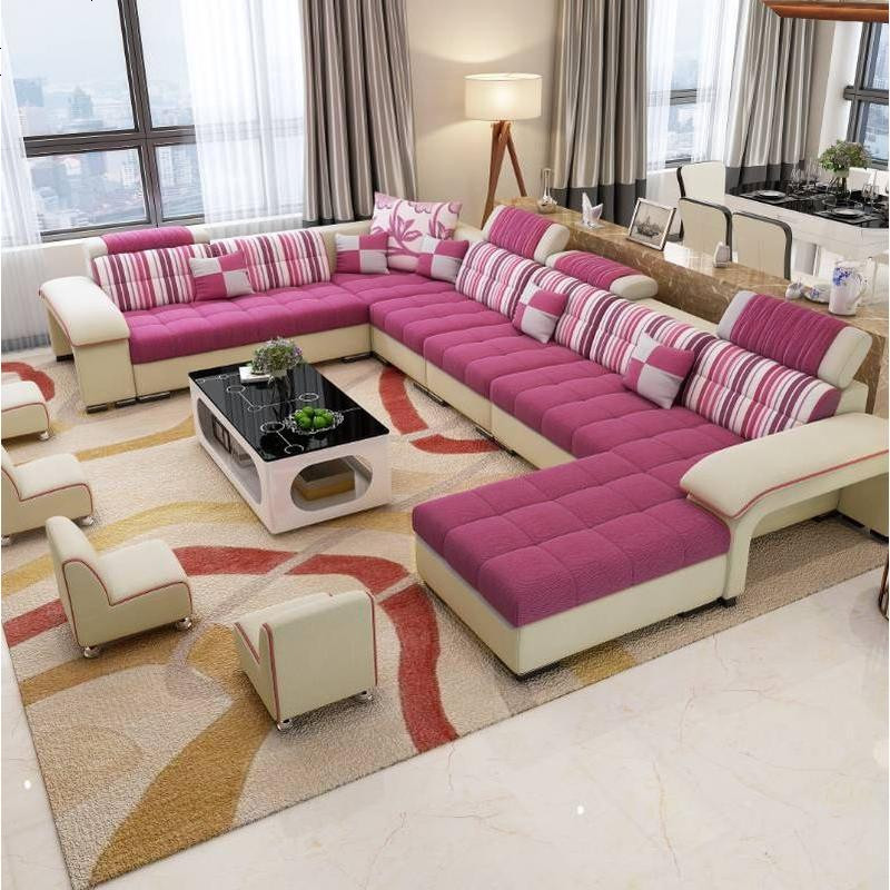 沙发客厅整装布艺沙发小户型贵妃转角组合北欧现代简约u型l型家用_955_786 六件套3.6米（送地毯）_米黄+玫红