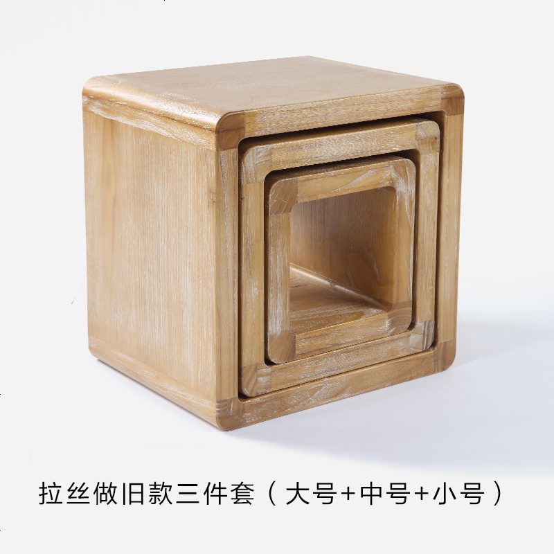 日式家居创意实木换鞋凳 小矮凳茶几圆凳子 梳妆凳亲子板凳椅_199_296 一大一中一小（拉丝做旧款）