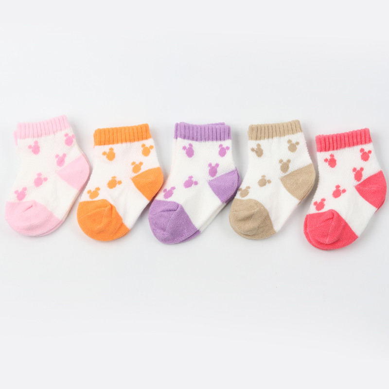 迪士尼儿童袜夏季薄款宝宝网眼短袜五双装纯棉0-3岁 粉紫橘组 0-6个月（建议8-10cm）