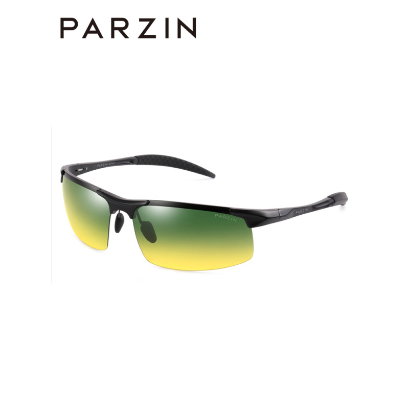 帕森(PARZIN)感光变色太阳镜男士 偏光太阳镜 TAC镜片时尚半框运动眼镜 夜视驾驶墨镜男士 黑框变色黄绿片