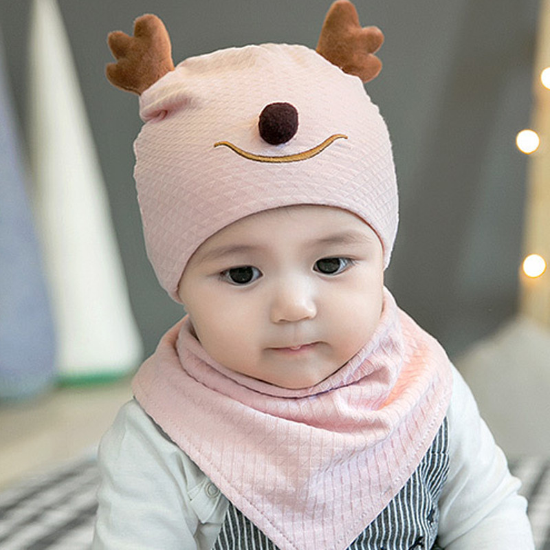 贝迪牛+新生儿胎帽婴儿帽 男女宝宝帽三角巾套装 均码（0-12个月） 粉色鹿角2件套