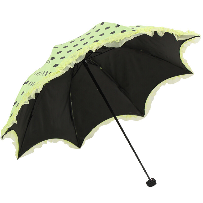 天堂伞 UPF50+黑胶丝印黑圆点拼双层蕾丝花边三折蘑菇晴雨伞太阳伞 30046ELCJ 果绿