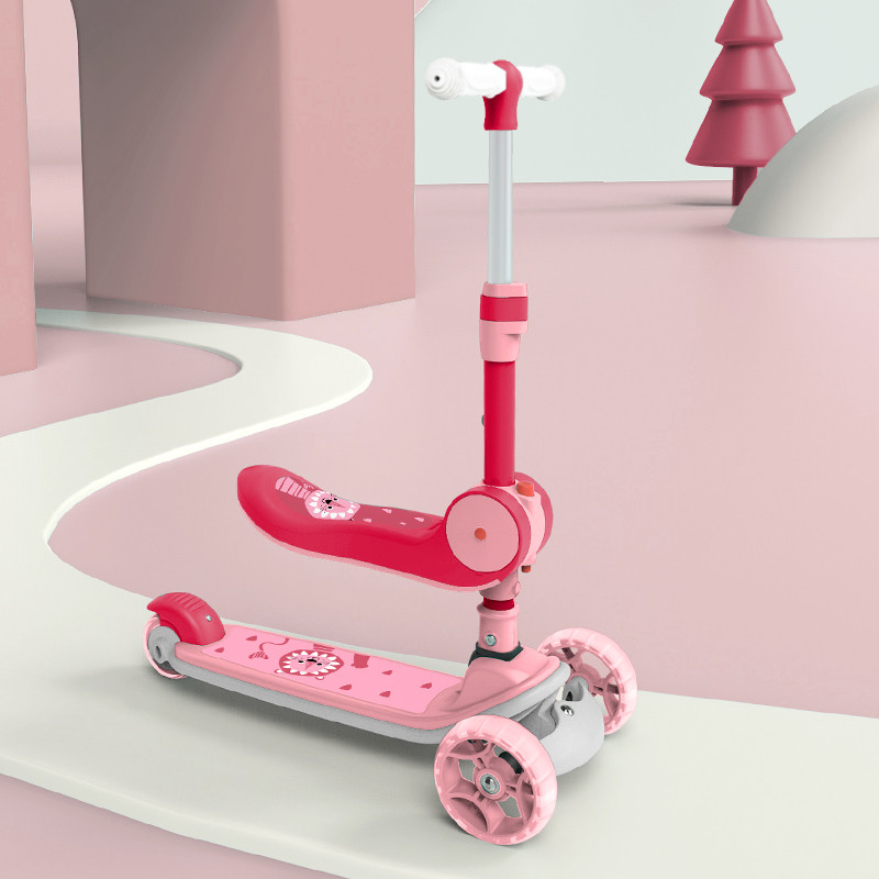贝恩施 儿童滑板车1-3-6岁滑滑车可坐三轮儿童车闪光轮宝 可折叠红色