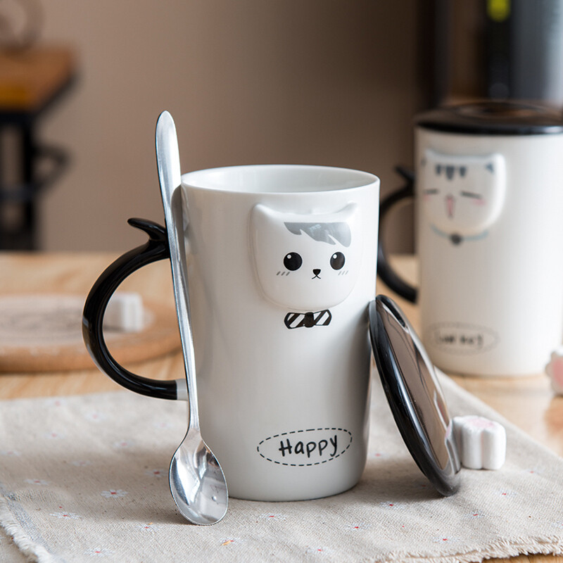 亿嘉IJARL系列简约创意陶瓷杯可爱立体带盖带勺水杯马克杯牛奶咖啡杯子 理想猫情侣 白色 400ml