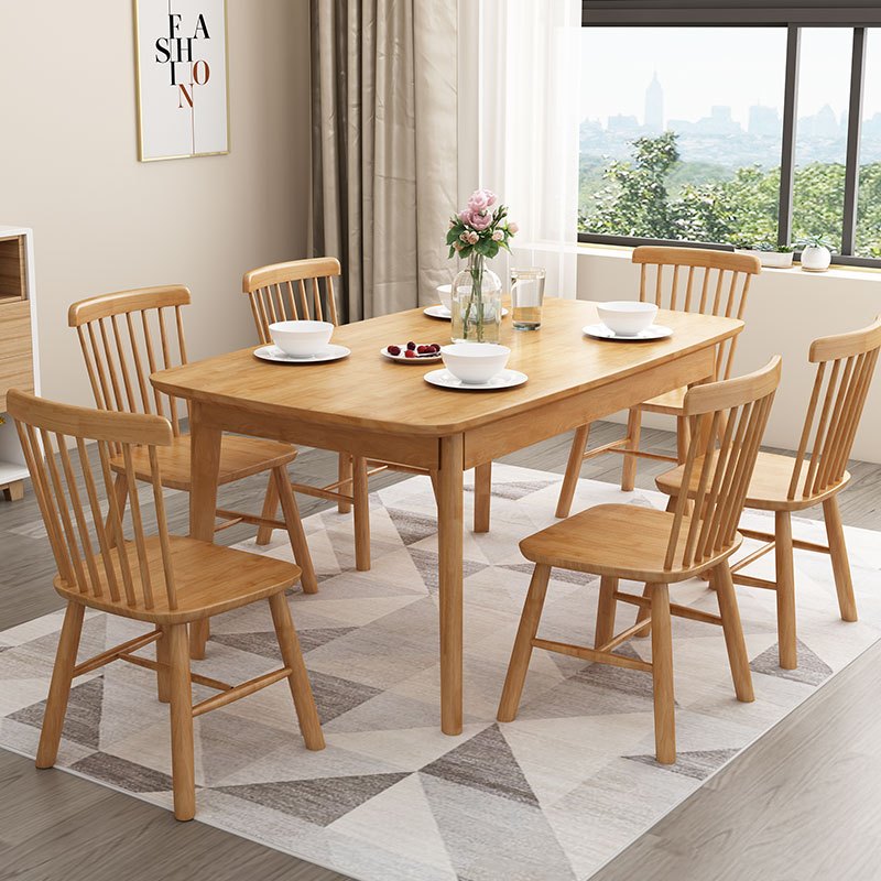 一米色彩 实木餐桌椅组合 饭桌 北欧简约现代橡胶木质原木色1.3米1.5米1.6M小户型日式宜家家用 餐厅家具 1.3米一桌六椅丨原木色