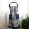 家用厨房格子半身式围裙棉麻布系带防水防油围裙韩版女士围腰罩衣 色织浅蓝小格围裙