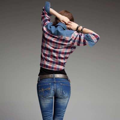七格格 女装英伦休闲牛仔格子拼接女式衬衫长