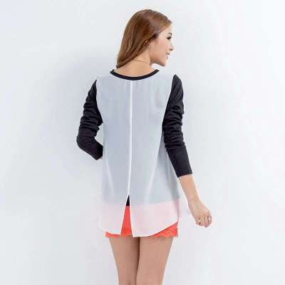 普派针织雪纺前片分割拼接圆领T恤 NGEA14C