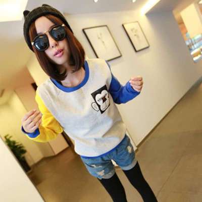 西甸 韩版潮流猿人猩猩抓绒卫衣 蓝黄 均码