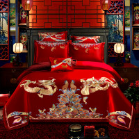 北极绒(Bejirog) 结婚四件套全棉斜纹大红色床上用品喜庆婚礼床品套件1.8米双人床 鱼跃龙凤 2.0*2.3m