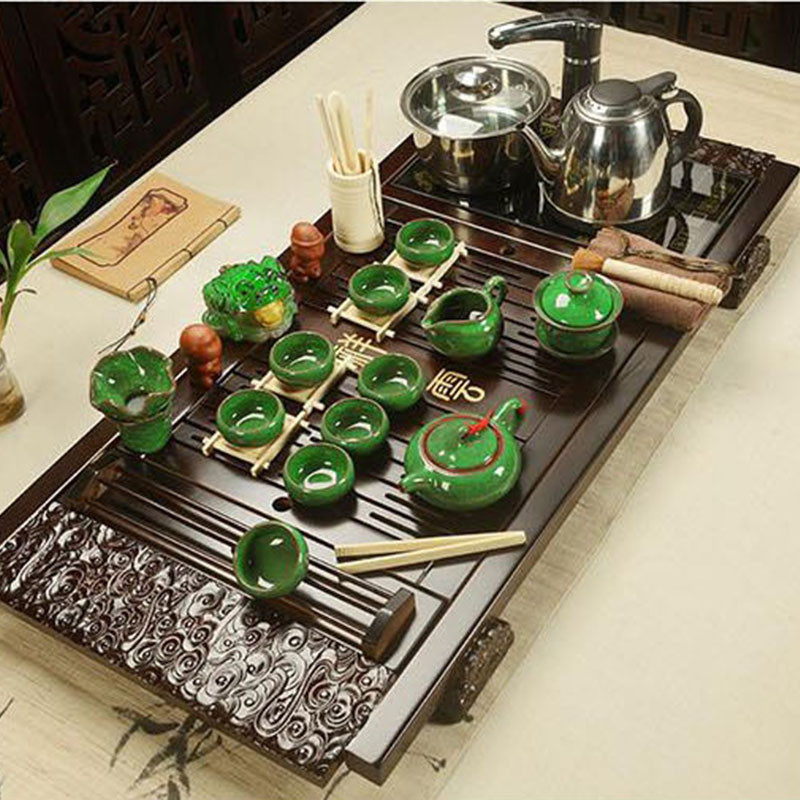 紫砂功夫茶具套装整套家用陶瓷茶杯电热磁炉茶台茶道茶盘 08原木绿冰