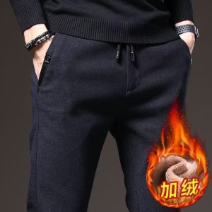 加绒裤男士秋冬季新款磨毛保暖个性侧袋修身直筒商务西裤