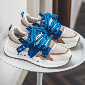 春季新款蓝色织带装饰低帮系带运动鞋增高厚底网面透气男鞋