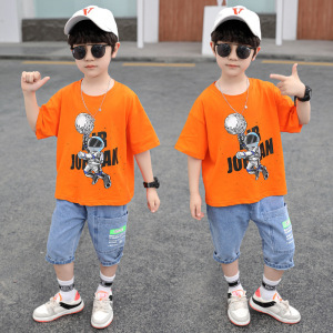男童夏季韩版套装新款中小童卡通太空人短袖牛仔裤两件套潮童