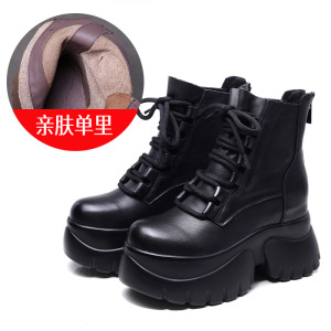 头层牛皮厚底增高显瘦系带松糕马丁靴女秋冬真皮时装靴女单靴