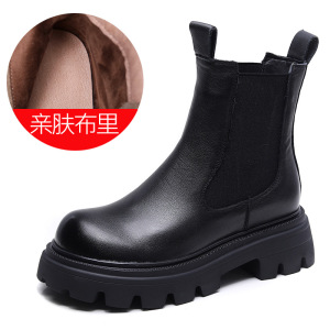 头层牛皮烟筒靴女手工时尚百搭切尔西厚底松糕鞋冬季新款二棉靴子