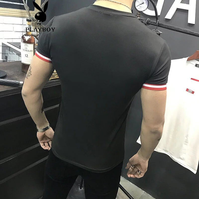 花花公子贵宾2017猛男健身房穿黑白色紧身短袖圆领修身t恤青年运动衫