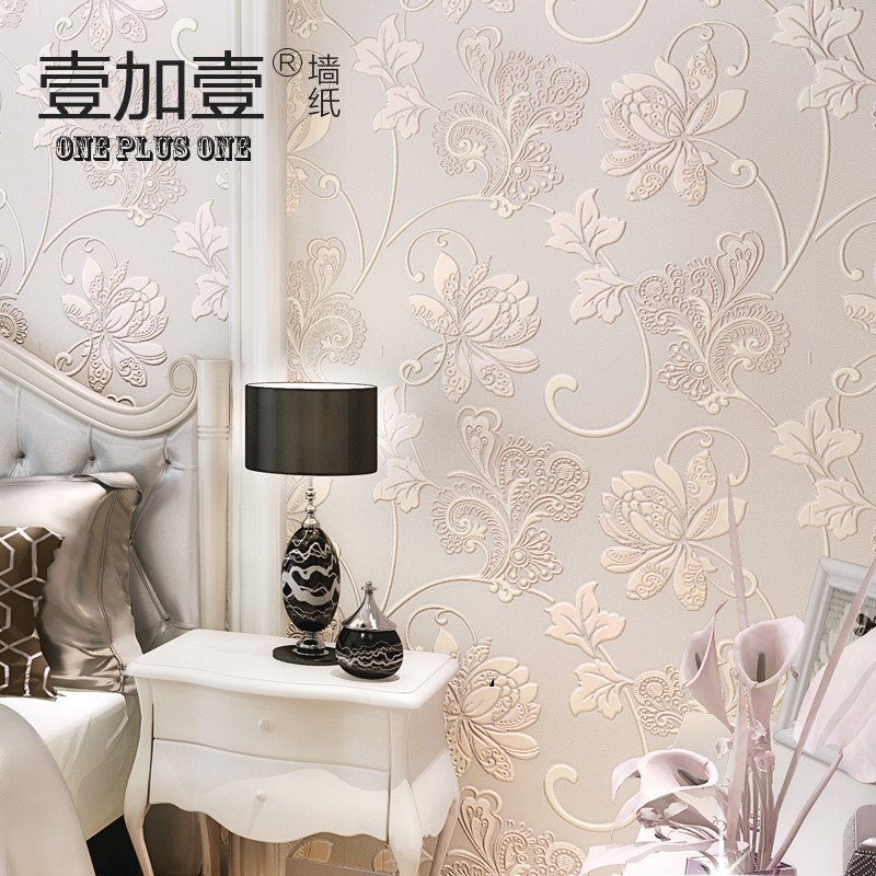 壹加壹无纺布墙纸欧式田园壁纸卧室客厅电视背景墙影视墙壁纸米白色