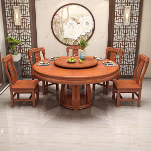 梵宜 金花梨木餐桌中式圆型带转盘8桌家用饭桌古典实木餐桌椅8803
