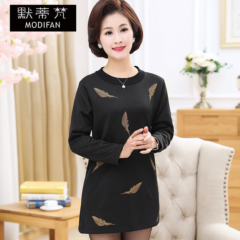 默蒂梵中年妈妈装秋冬中长款加绒连衣裙40-50