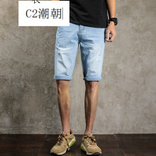 网红天佑夏季日系破洞加肥加大码牛仔裤中裤薄款男装牛仔短裤五分潮胖