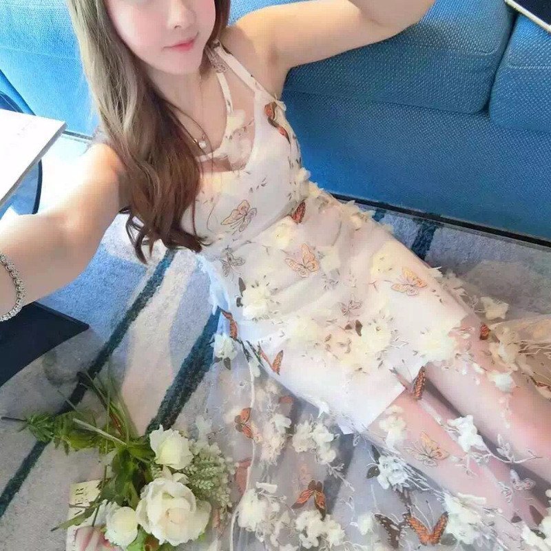 琳朵儿2016早春新款性感v领无袖蕾丝网纱大摆连衣裙长款沙滩裙