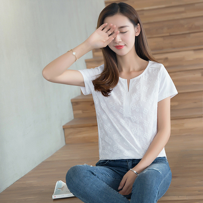 夏季短袖刺绣t恤女新款韩版棉女士宽松大码上衣半袖女装打底衫百搭jw