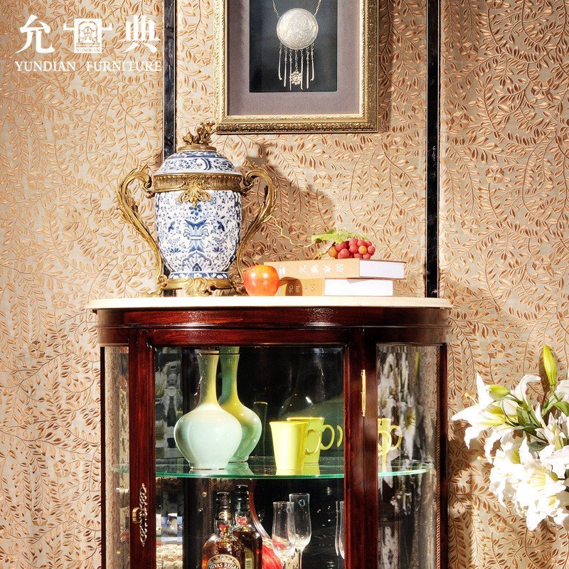 预售允典红木家具 花梨木欧式半圆酒柜 玻璃酒柜 客厅