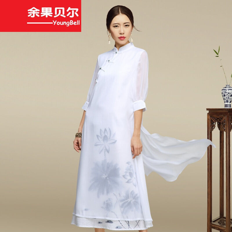 余果贝尔中国风连衣裙夏长款复古传统民族风白